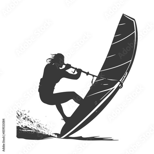 Windsurfer Silhouette: Woman Riding the Waves, Sporty Black and White Graphic.