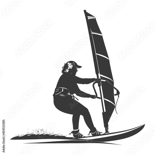 Silhouette Windsurfer: Woman on Board, Graphic Style Vector.