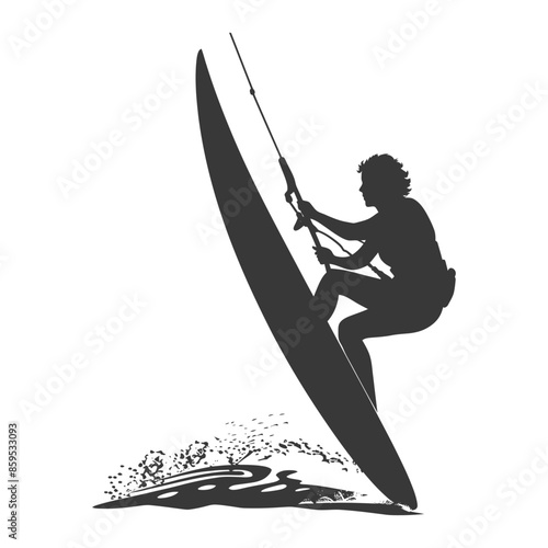 Silhouette of a Windsurfer: Extreme Sport Vector Graphic on White.