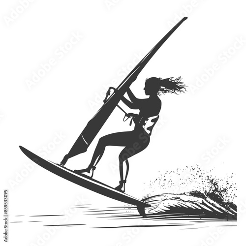 Windsurfing Silhouette: Woman Leaping over Wave, Vector Illustration