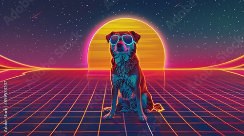 Dog in synthwave style. VR videogame experience in 80's synth wave and retro vaporwave futuristic aesthetics. synthwave dog. Illustrations photo