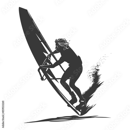 Windsurfer Silhouette: Dynamic Water Sport Vector, Monochromatic Action Graphic
