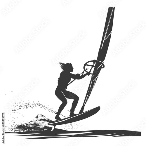 Silhouette Windsurfer: Dynamic Watersport Action, Isolated Vector.