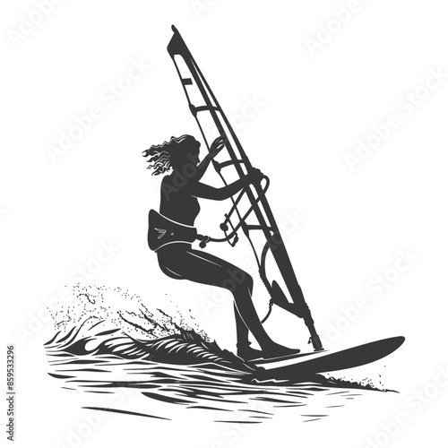 Windsurfer Silhouette: Woman in Action, Grayscale Water Sport Adventure, Sea Wave Splash.