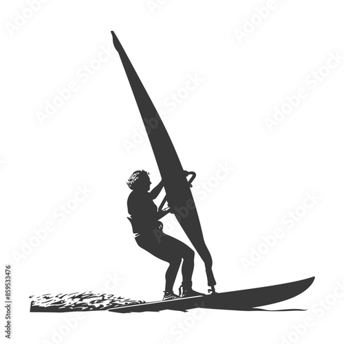 Windsurfer Silhouette: Water Sport, Single Rider, Ocean Adventure, Dark Shape on White.