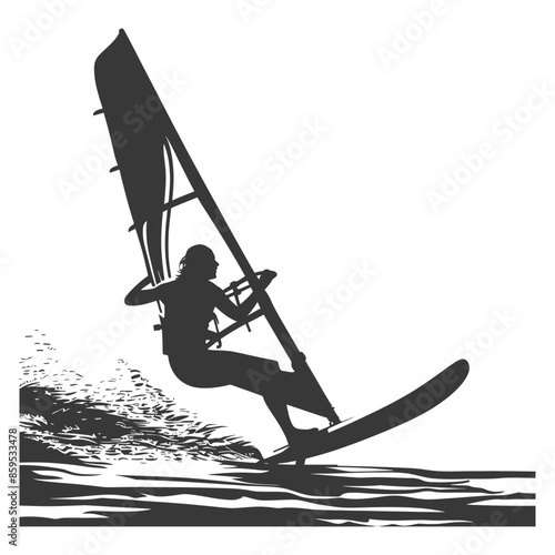 Windsurfer Silhouette: Dynamic Water Sport, Black and White Action.