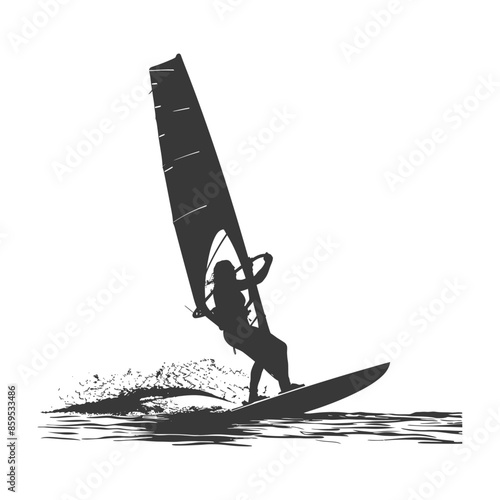 Windsurfer Silhouette: Extreme Sport, Water Splash, High Contrast, Graphic Vector