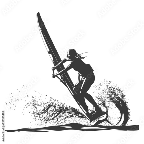 Windsurfer Silhouette: Female Athlete Gliding Through Water, Artistic Splash Illustration