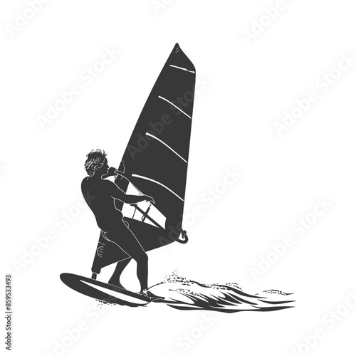 Windsurfer Silhouette: Monochrome Aquatic Sport Action.