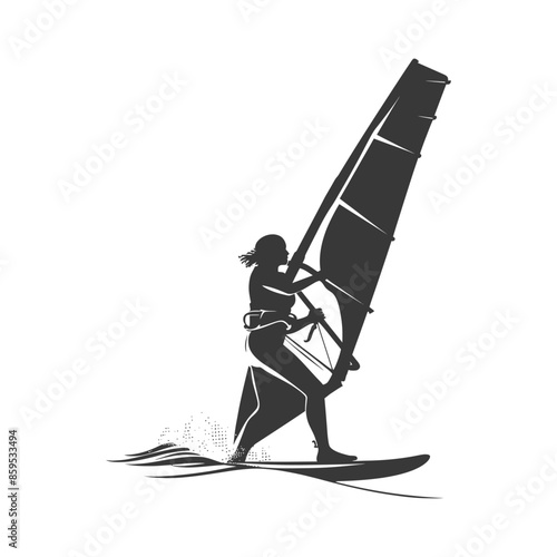 Windsurfing Silhouette: Woman Rider, Water Sport, Isolated Vector.