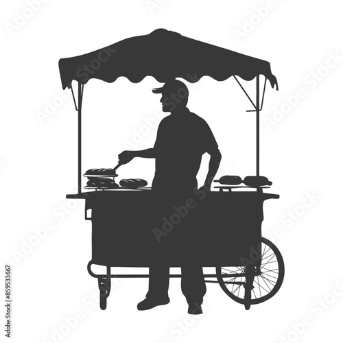 Silhouette: Hot Dog Vendor at Cart, Cooking on Grill.