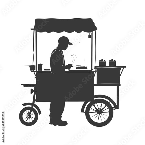 Silhouette of Hot Dog Vendor at Cart, Isolated on White.