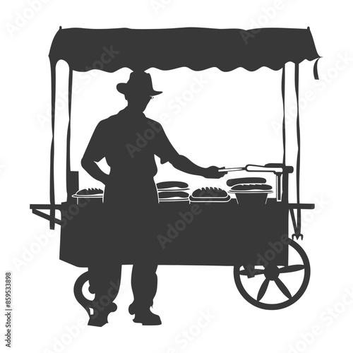 Silhouette of Hot Dog Vendor with Cart.