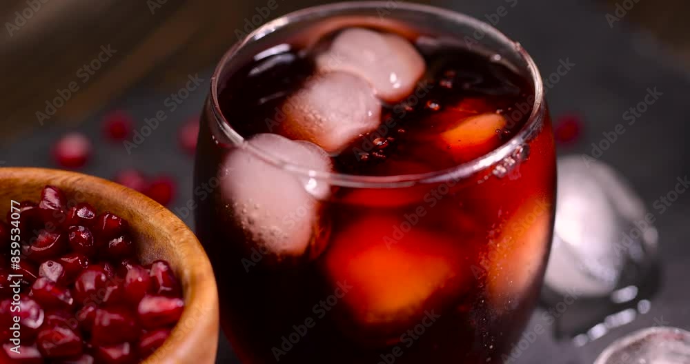 red natural pomegranate juice with ice, cold pomegranate seed juice with chunks of ice red natural pomegranate juice with ice, cold pomegranate seed juice with chunks of ice