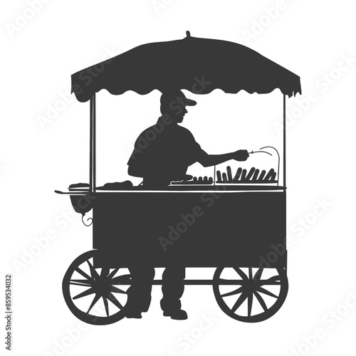 Silhouette of Street Food Vendor Cooking Hot Dogs Under Umbrella Cart.