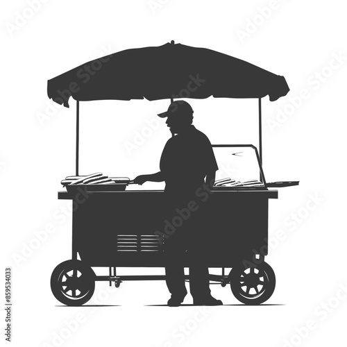 Silhouette: Hot Dog Vendor Under Umbrella, Food Cart.