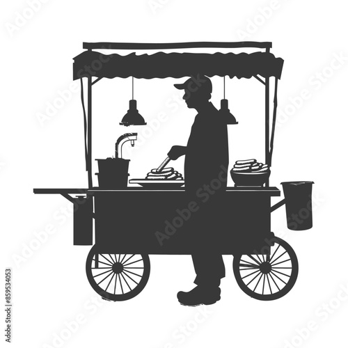Silhouette: Street Food Vendor Cart, Preparing Food, Gray Scale.
