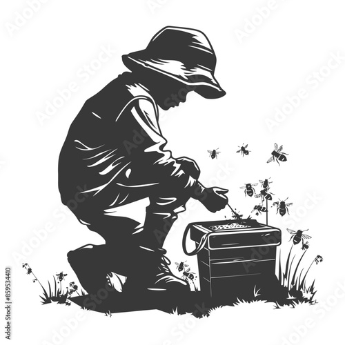 Beekeeper Boy: Silhouette of Child with Beehive, Illustration
