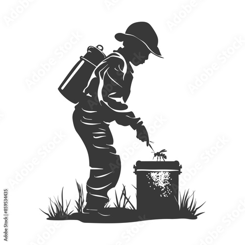Silhouette Beekeeper Child with Hive: Vintage Engraving Style Illustration.