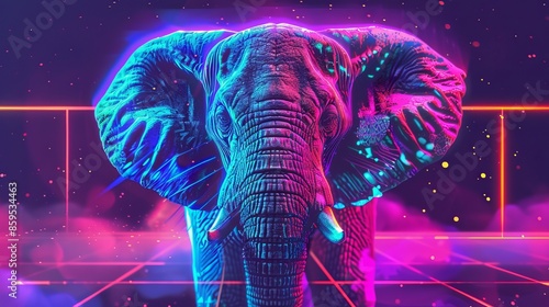 Elephant with colorful neon retrowave background. synthwave elephant. Illustrations