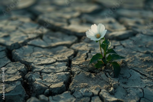 A bright white flower blooming among the cracked earth