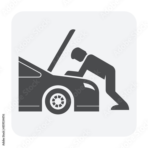 Auto car check vector icon. Include mechanic man, repairman or technician to open bonnet hood to work, looking for check up diagnose or inspection engine. Also service, fixing, repair or maintenance.