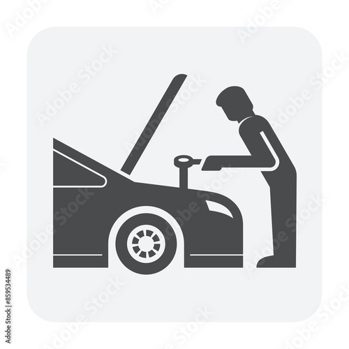 Auto car check vector icon. Include mechanic man, repairman or technician to open bonnet hood to work, looking for check up diagnose or inspection engine. Also service, fixing, repair or maintenance.