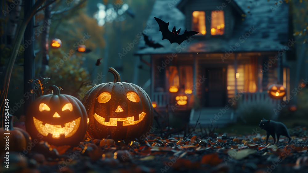 Fototapeta premium A festive Halloween scene with carved pumpkins, bats, and a spooky haunted house