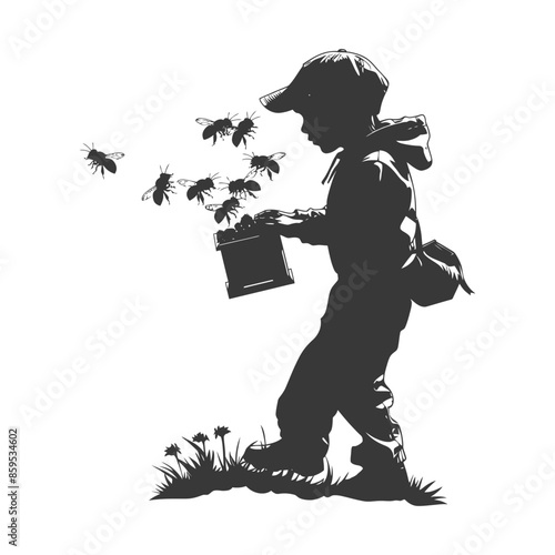 Silhouette: Young Beekeeper with Swarm, Honeycomb and Clover Patch.