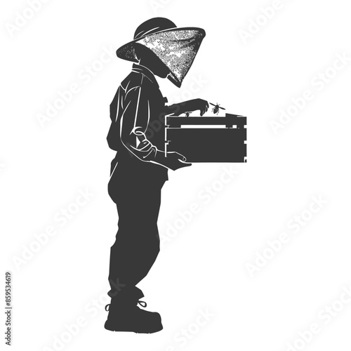 Beekeeper Silhouette: Isolated Figure in Protective Gear Carrying Honeycomb Box.