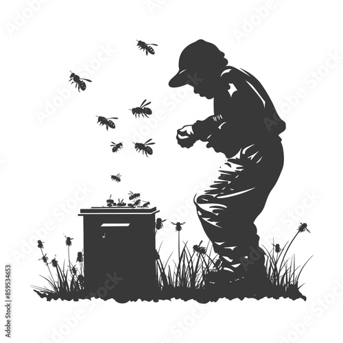 Silhouetted Beekeeper Boy & Beehive: Vintage Monochrome Illustration, Pollination Scene