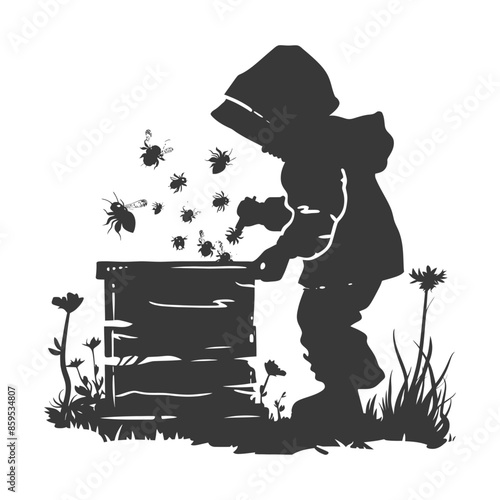 Silhouette Beekeeper: Child tending beehive with flying bees, nature illustration.