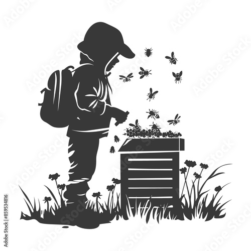 Silhouette: Child Beekeeper, Hive, Swarming Bees, Backpack.
