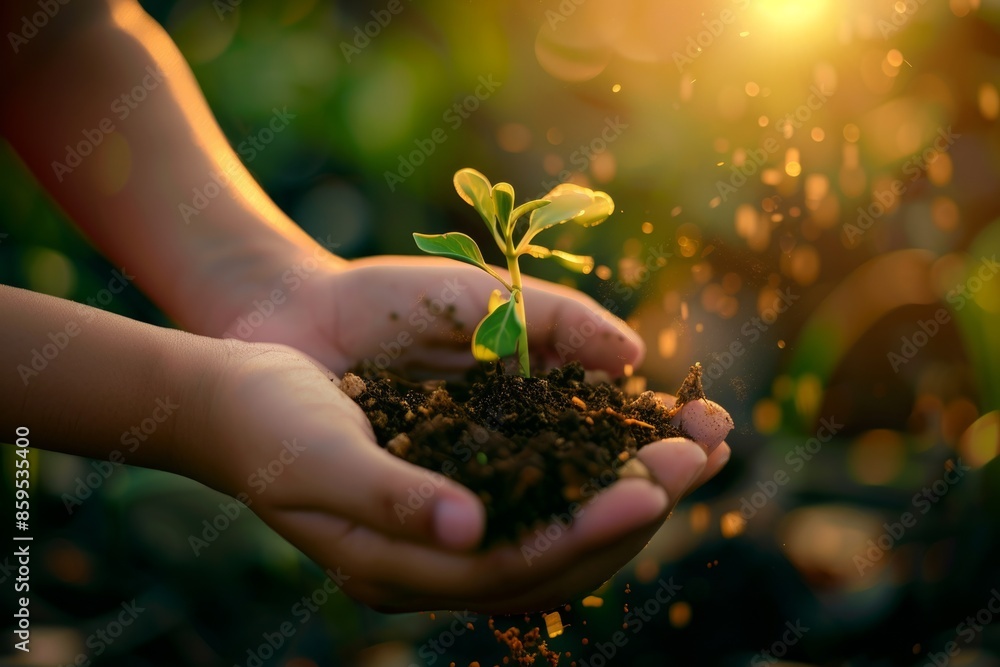 Fototapeta premium Child's hands holding soil with a sprouting plant, symbolizing care and growth