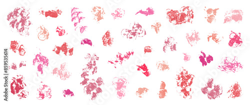 Grunge abstract lipstick stains set. Lipstick stains, daubs and smears. Paint splatter backgrounds. Paint brush dirty strokes textures. Quirky scribbles. Rough grungy overlays.