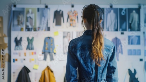 A student presenting a fashion design portfolio,  showcasing original garment sketches