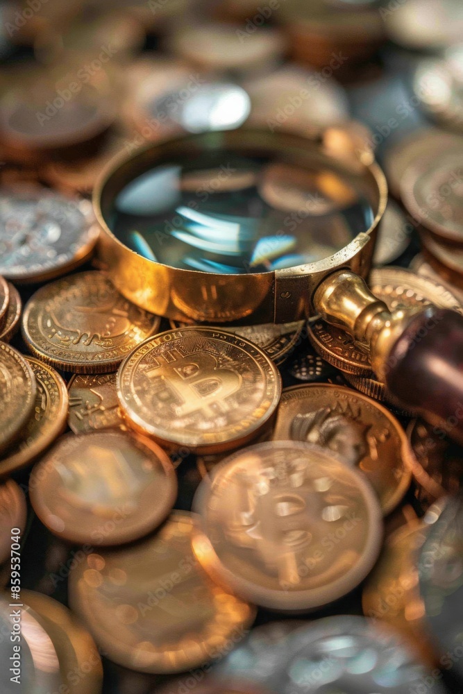 Close-Up of Magnifying Glass Over Bitcoin Coins Representing Cryptocurrency and Digital Finance Close-Up of Magnifying Glass Over Bitcoin Coins Representing Cryptocurrency and Digital Finance