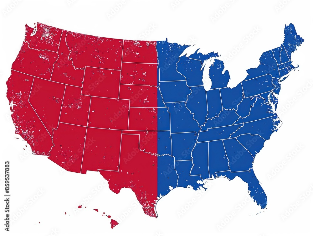 A map of the united states of america divided by two colors red west ...