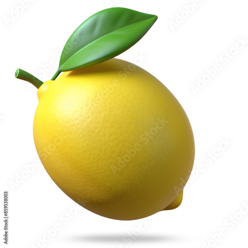 A 3D rendered illustration of an icon of a yellow ripe lemon floating in the air above the ground, with a shadow under it highlighted on a white background. Concept - vitamins, diet, seasonal fruit