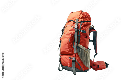 Hiking tourist backpack of orange color with straps on a transparent background