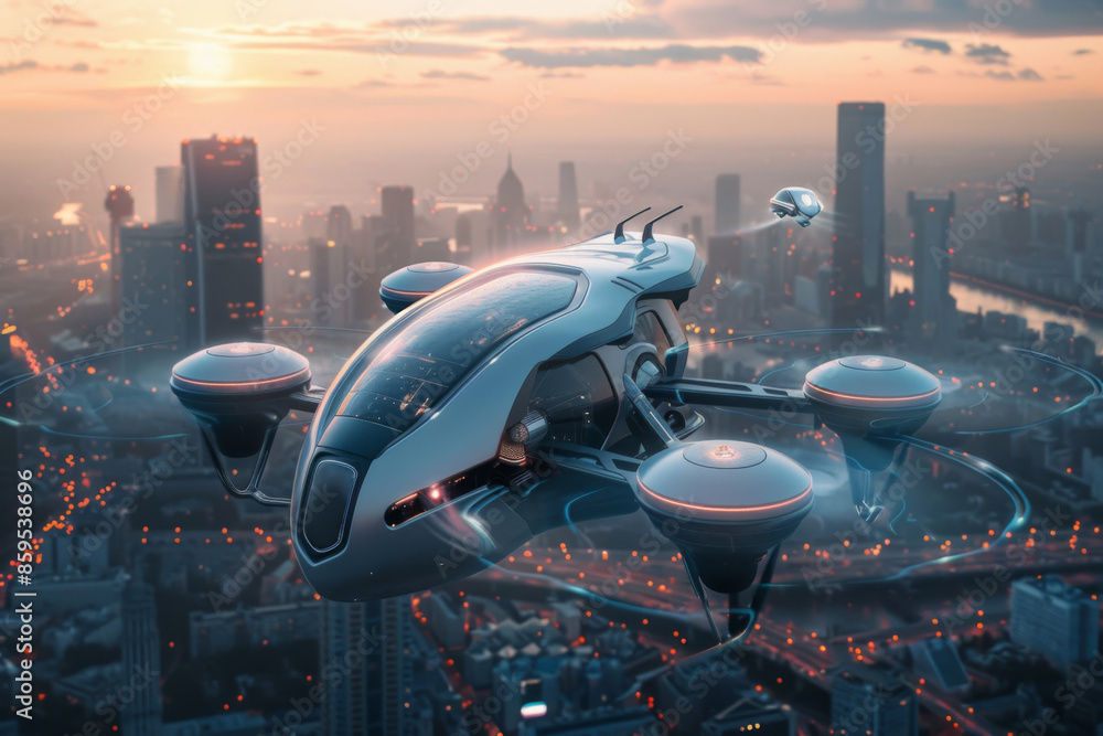 Futuristic Aerial Transportation in a Modern Cityscape at Sunset , Concept for Urban Air Mobility Futuristic Aerial Transportation in a Modern Cityscape at Sunset , Concept for Urban Air Mobility