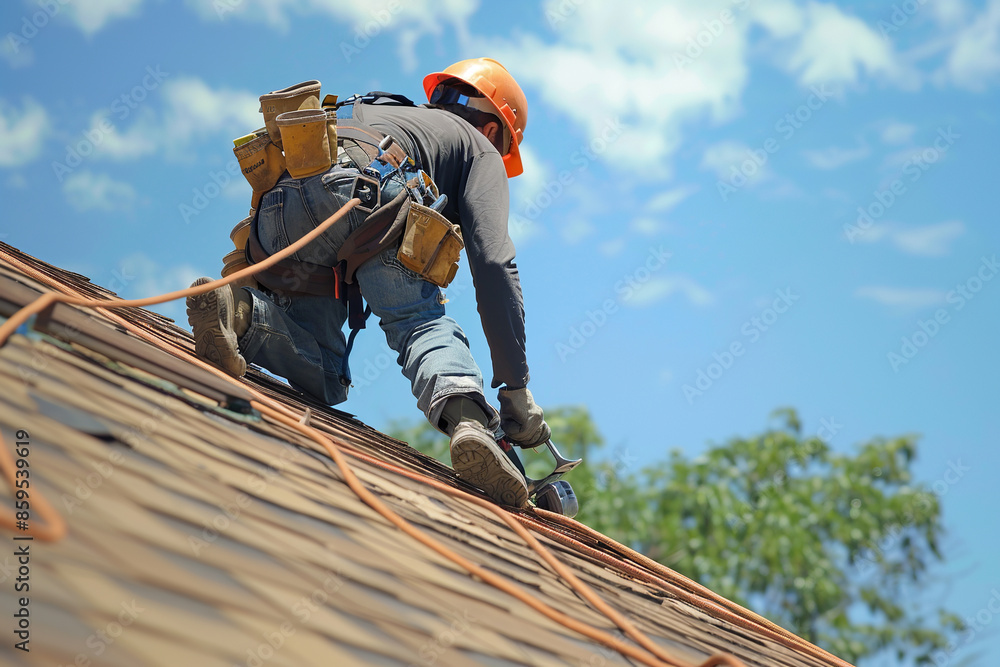 Roofer installing concrete roof tile on top roof. Workers work at heights with full safety suits on construction sites. Roofer installing concrete roof tile on top roof. Workers work at heights with full safety suits on construction sites.