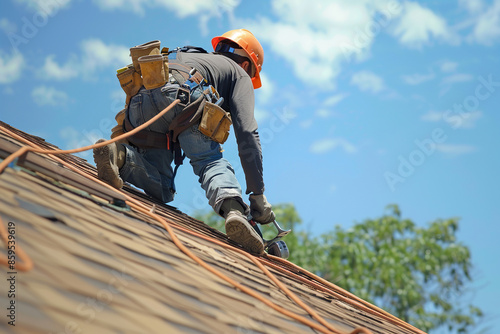 Roofer installing concrete roof tile on top roof. Workers work at heights with full safety suits on construction sites. © Stas
