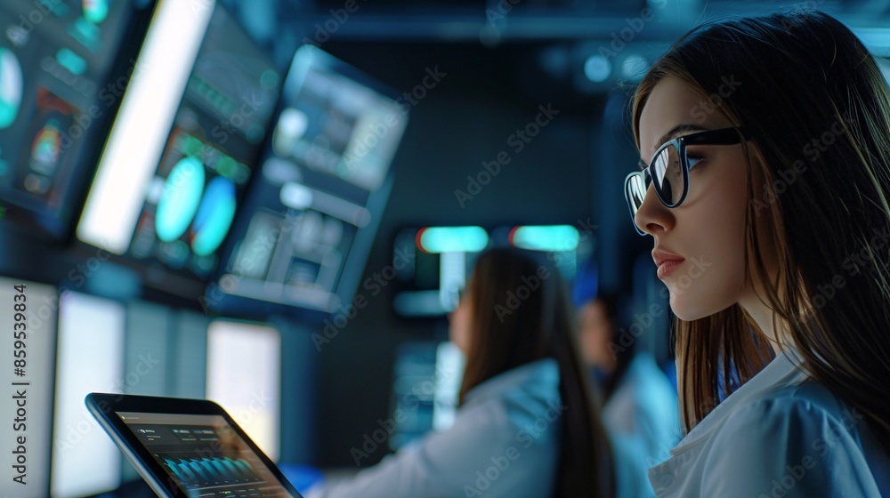 A young female government employee, wearing glasses, uses a tablet in a system control center. In the background, her coworkers are at their workspaces, with multiple displays showing valuable data. A young female government employee, wearing glasses, uses a tablet in a system control center. In the background, her coworkers are at their workspaces, with multiple displays showing valuable data.