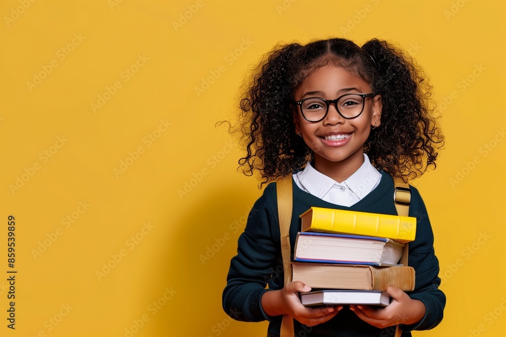 Young student poses with her books, ready for an educational adventure, on a yellow background. Back to school concept. Young student poses with her books, ready for an educational adventure, on a yellow background. Back to school concept.