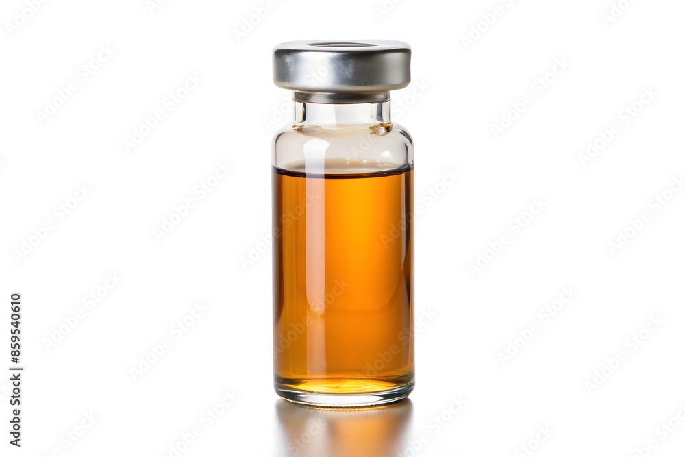 Small Amber Glass Vial With A Silver Cap, Containing A Yellow Liquid, Isolated On A White Background.