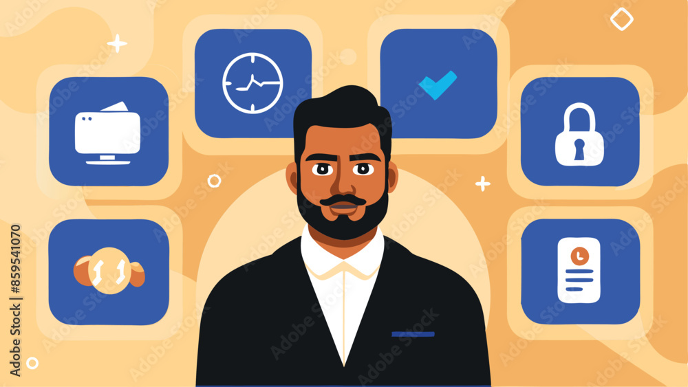 A man is standing in front of a computer monitor with a clock on the wall A man is standing in front of a computer monitor with a clock on the wall