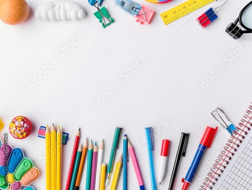 School items in a linear arrangement on a white backdrop, space for text at the top. Back to school concept. 