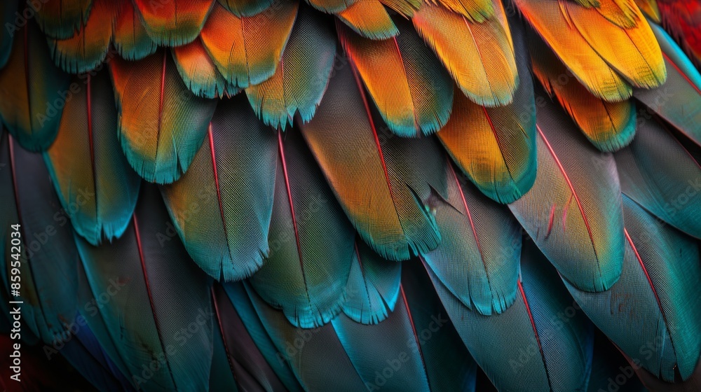 Fototapeta premium Close Up of Colorful Parrot Feathers With Blue and Orange Hues
