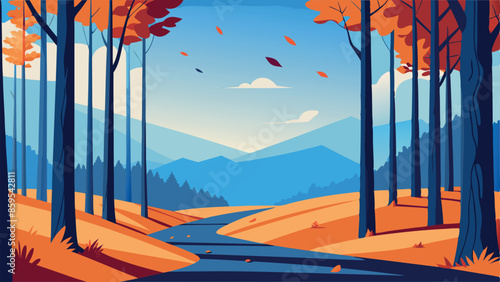 A beautiful autumn scene with a road running through a forest
